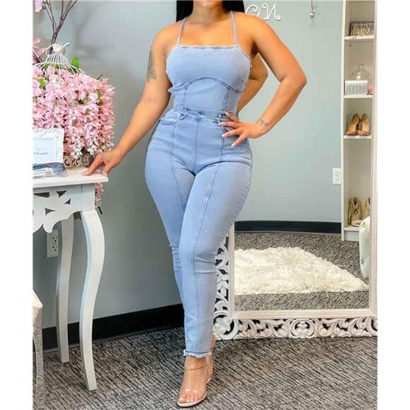 NEW Women’s Sexy Short Sleeve Denim Jumpsuit Romper Trendy Nightclub Mini Outfit - Picture 4 of 6